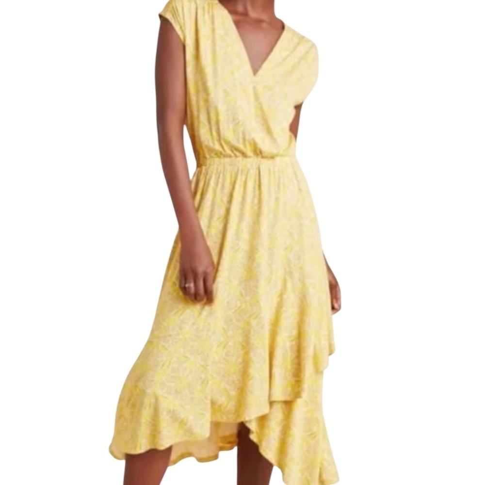 Maeve by Antropologie Yellow Print Asymetrical‎ Dress Size Medium